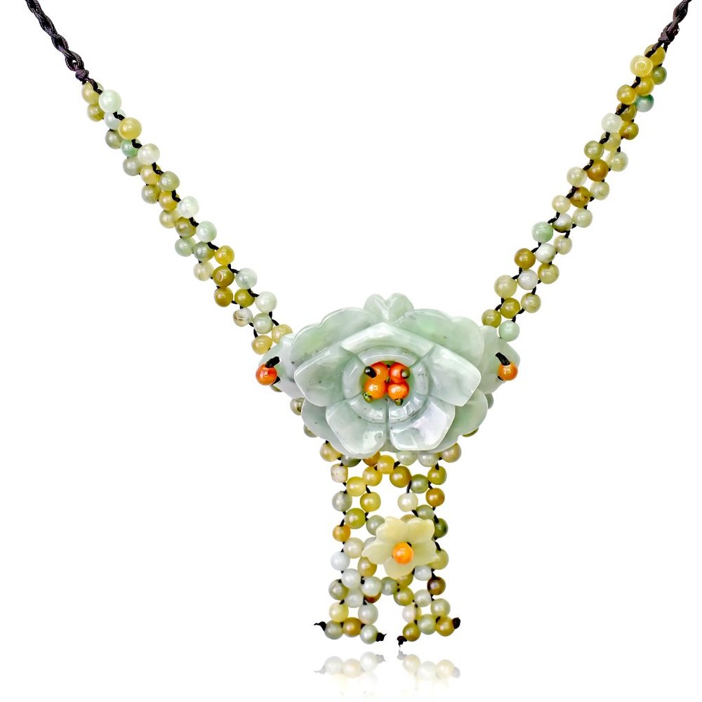 Rose Flower with Abundance of Beads Handmade Jade Necklace Pendant